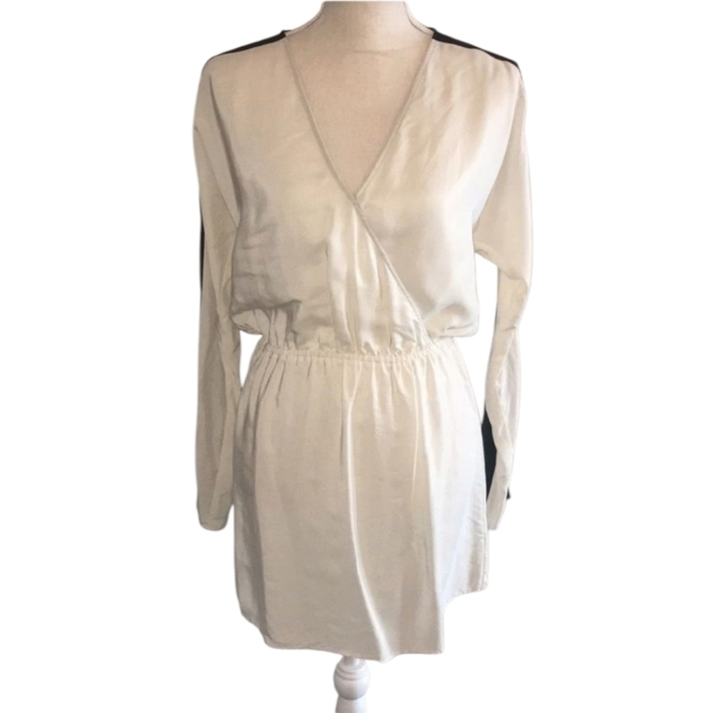 Parker 100% Silk Faux Wrap Mini Dress Elastic Waist Ivory and Black size XS